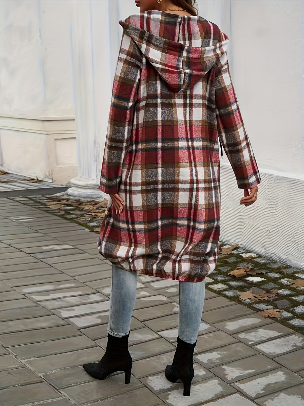 Plus Size, 2025 Women's Casual Loose Color Block Long Sleeve Hooded Jacket, Zip-Up Style - Red