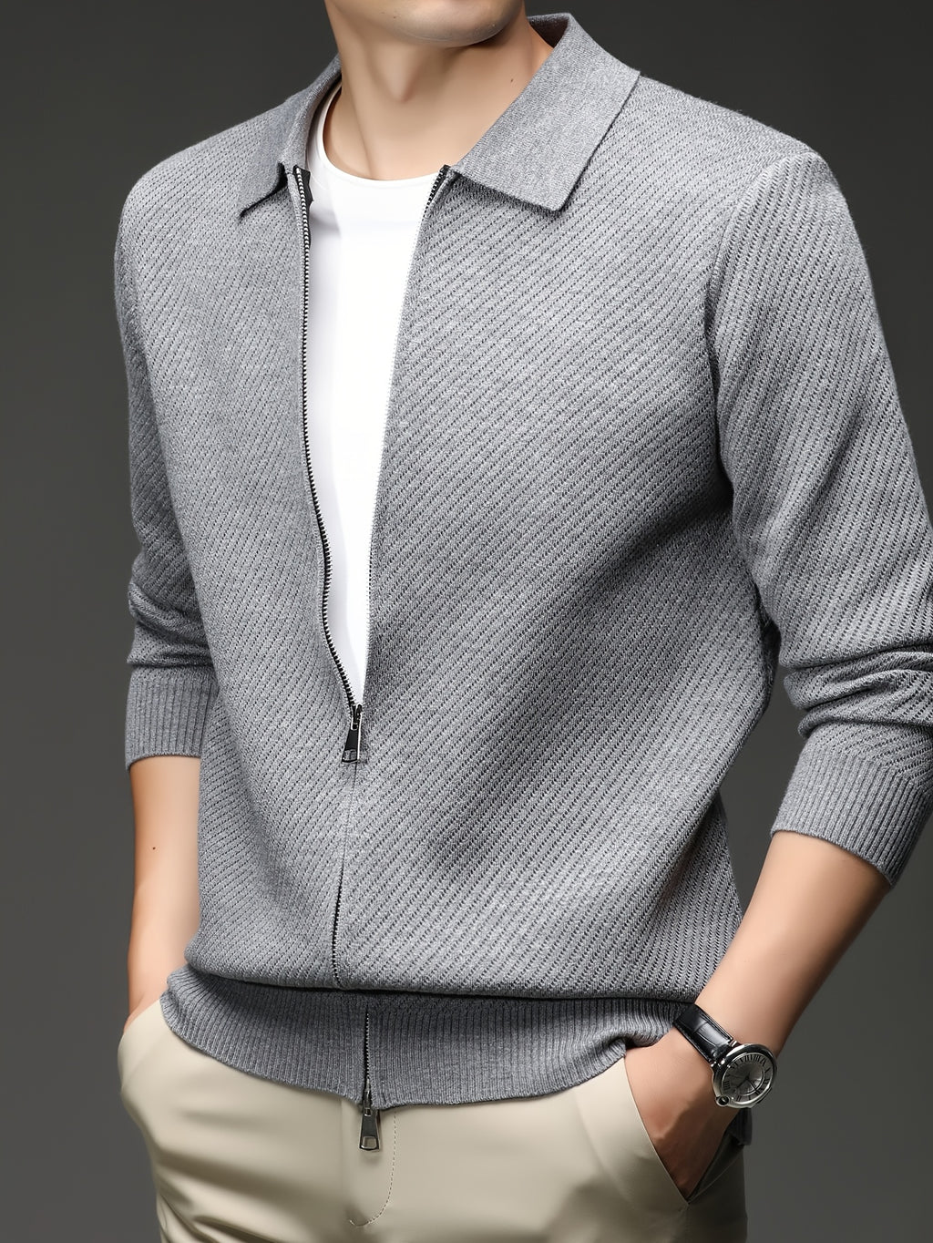 Xingfan Autumn/Winter Men's Long-Sleeve Open-Front Cardigan Lapel Business Casual Solid Color Chunky Knit Full-Zip Thickened Outerwear Jacket - Grey