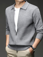 Xingfan Autumn/Winter Men's Long-Sleeve Open-Front Cardigan Lapel Business Casual Solid Color Chunky Knit Full-Zip Thickened Outerwear Jacket - Grey