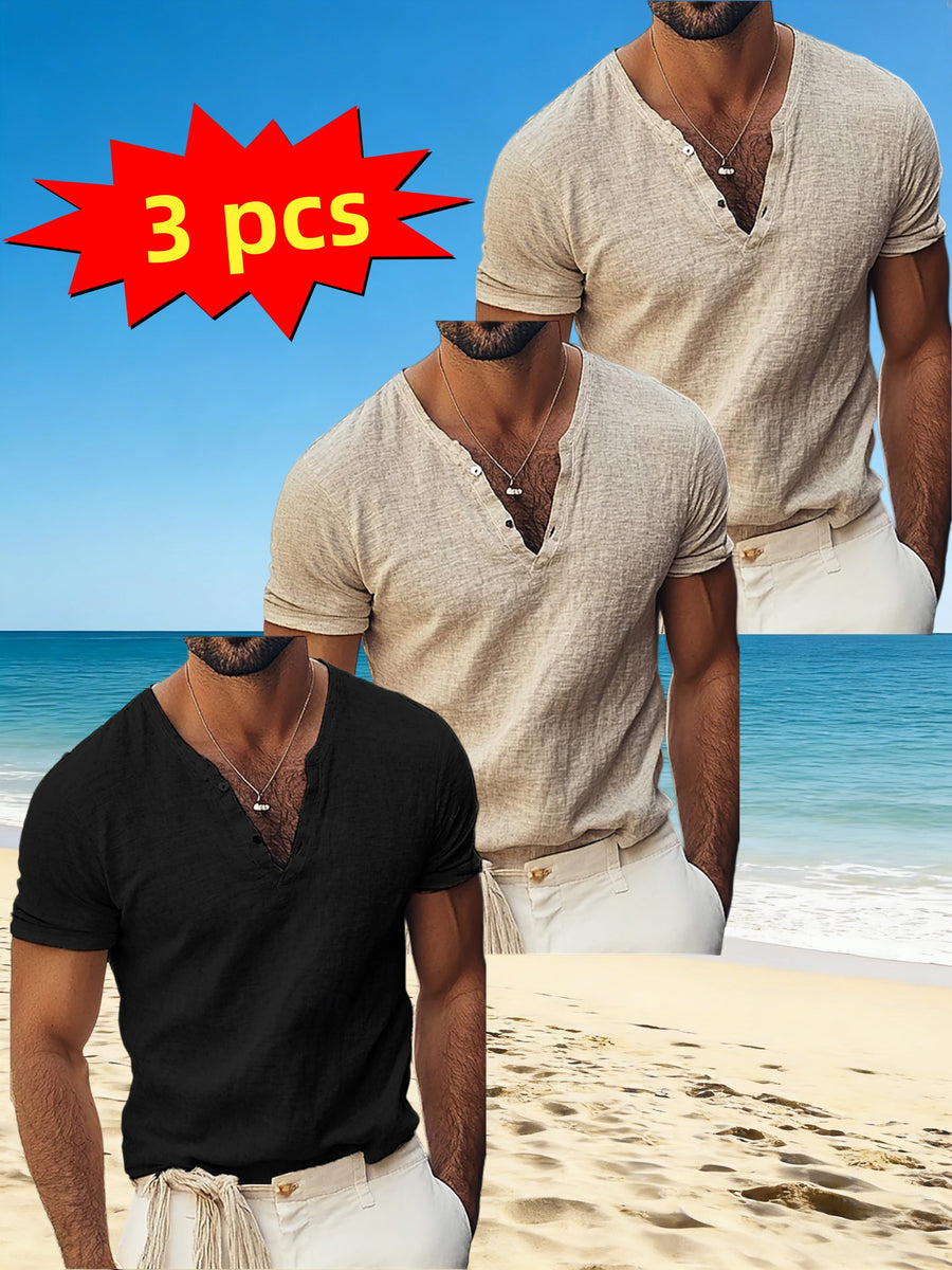 Men'S 3pcs Set of Henley Short-Sleeve Shirts, Breathable Comfortable Casual V-Neck Tops, Suitable for Summer And Daily Wear - Khaki + Khaki + Black