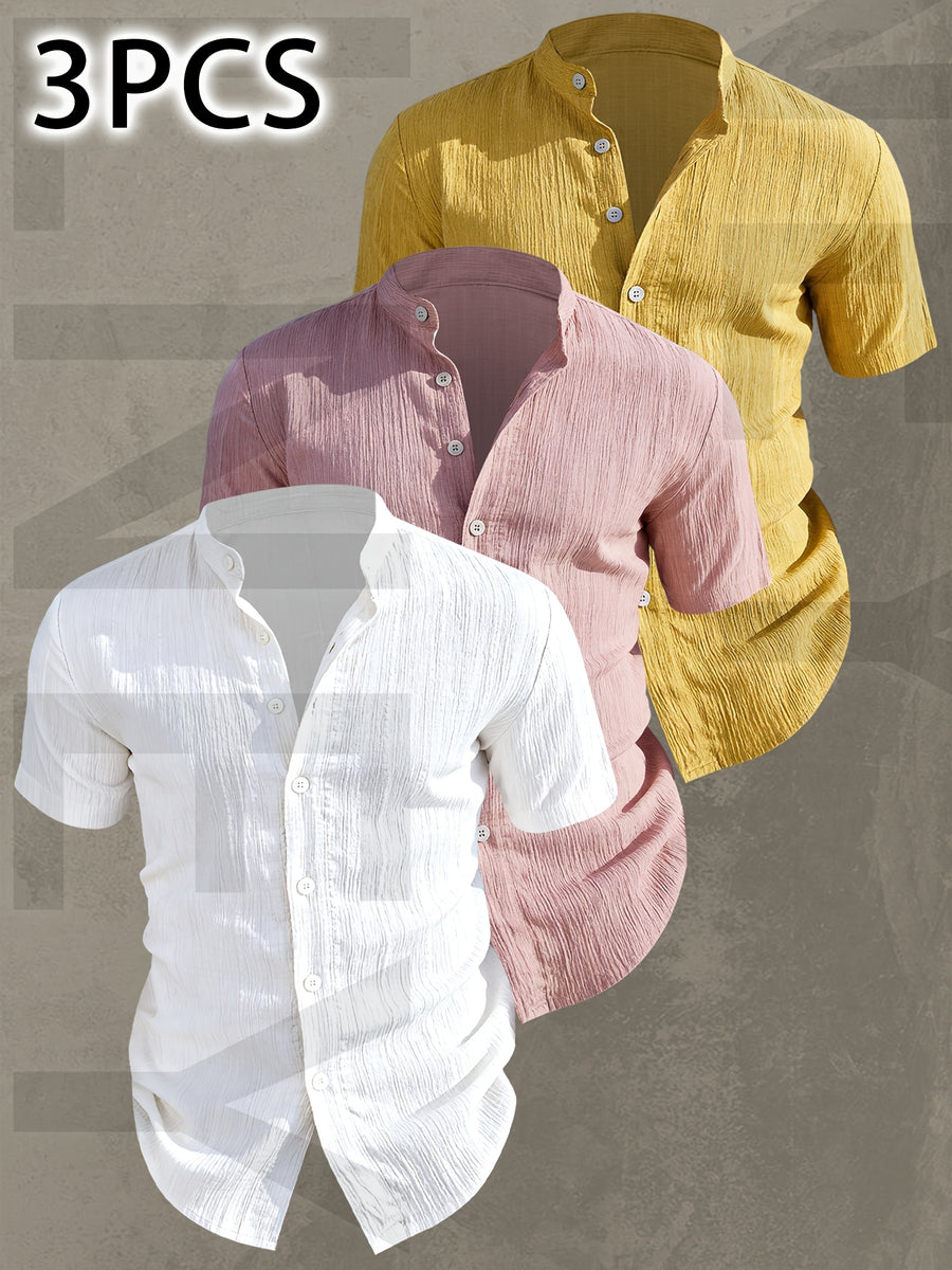 [Uomo Le Mi OBM] 3pcs Men'S Summer Short Sleeve Shirts | Lightweight Breathable Solid Color Button-Up Casual Shirts with Stand Collar, Machine Washable for Beach Vacation, Pool Party & Casual Attire, High Quality, Dad Christmas Gifts, Slim Fit, Daily - Mixed Colors 21