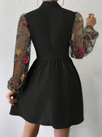 Women'S Elegant Black A-Line Dress with Floral Mesh Sleeves - High Neck, Waist-Cinching, Perfect for Summer Events, Casual to Formal Attire, Formal Attire|Floral Pattern Dress|Elegant Sleeve Design, Floral Print Dress - Black