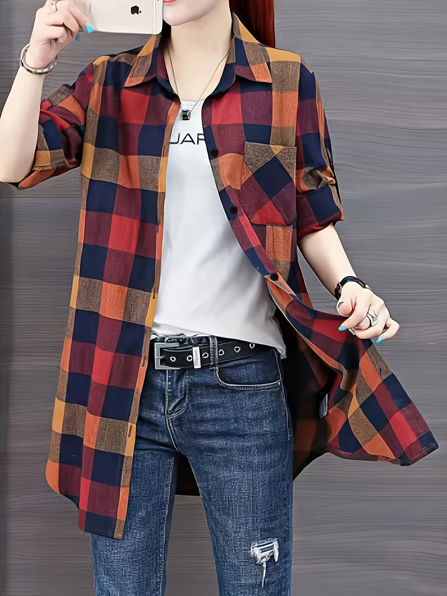 Spring and Autumn Fashion Long Plaid Shirt - Watermelon Red