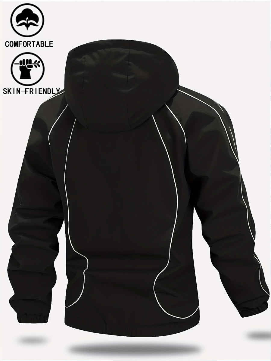 New Autumn/Winter Men's Trendy Hooded Casual Sport Jacket, Loose Fit Fashionable Versatile Jacket with Full-Body Drawstring Design, Outerwear Windbreaker JK5689 - Black