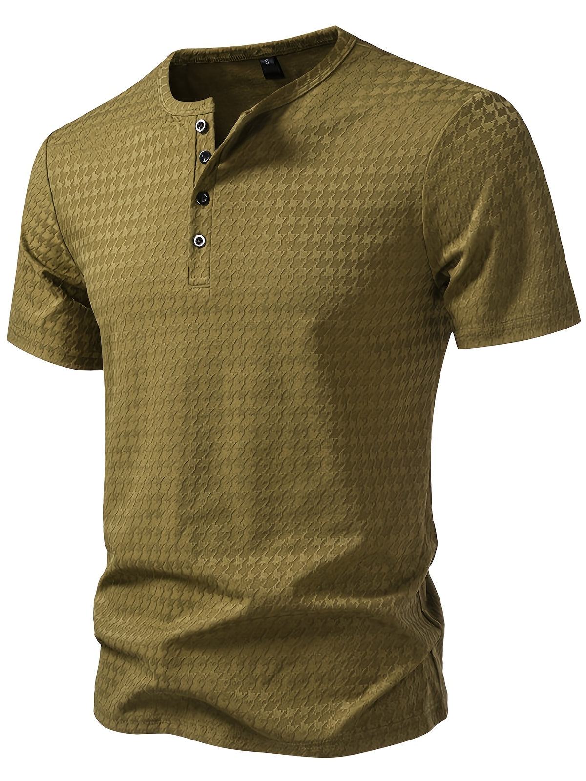 Men'S Waffle Grid Henley Short Sleeve T-Shirt, Houndstooth Jacquard American Vintage Summer Casual Loose Henley Collar All-Match Commute Short Sleeve Top - fern green