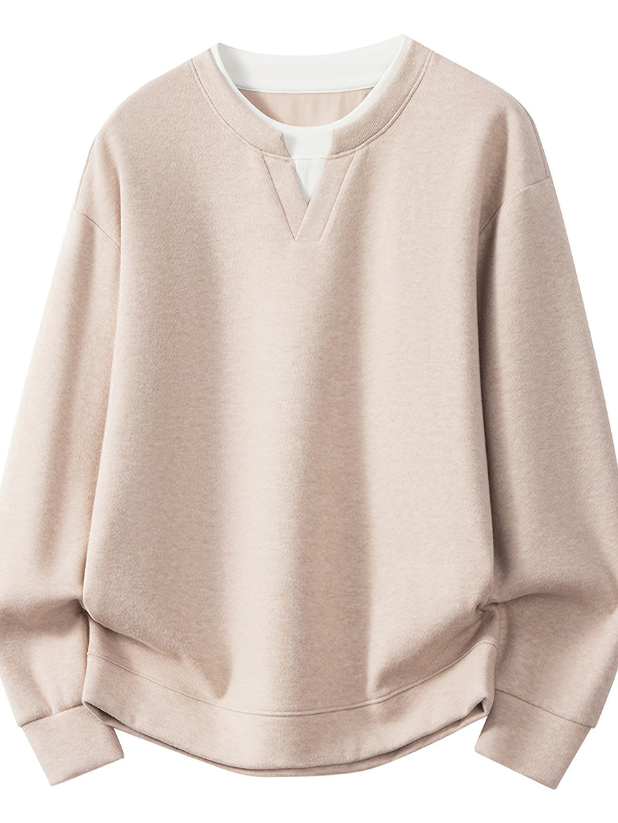 Men'S V-Neck Faux Two-Piece Long Sleeve Sweatshirt, Suitable for Commute And Casual Wear, Outerwear And Inner Wear, Regular Shoulder Long Sleeve Pullover Sweatshirt - SINBOS - Oat
