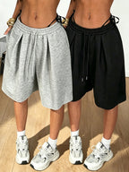 Women's 2pcs Set Y2K Spicy Style High-Waist Wide-Leg Cropped Sweatpants Loose-Fit Y Casual Mid-Length Pants - Black+gray