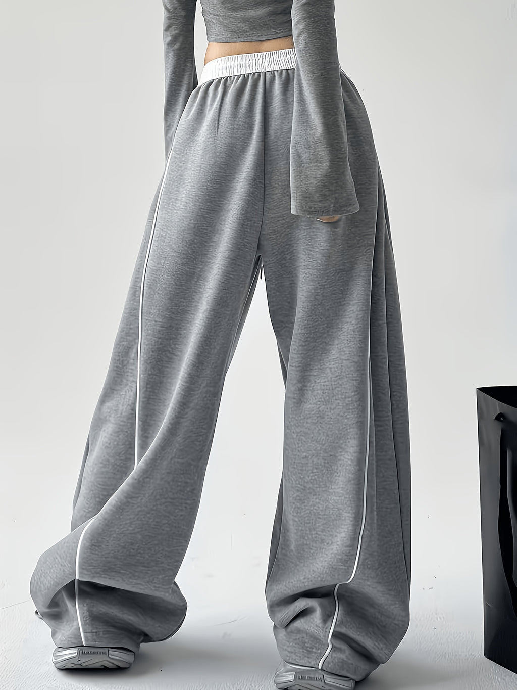 Wide Leg Sweatpants with Contrast White Elastic Waistband, White Side Piping Stripes, Convertible Adjustable Hem Cuff Two Ways Wearing Pants, Four Seasons Breathable Casual Athletic Joggers for Yoga Daily Street Outfits - Star Gray