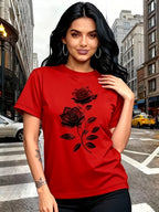 Elegant Women'S T-Shirt | Unique Rose Pattern - Casual Crew Neck Top | Breathable, Lightweight, Perfect for Spring And Summer Wardrobe - Red