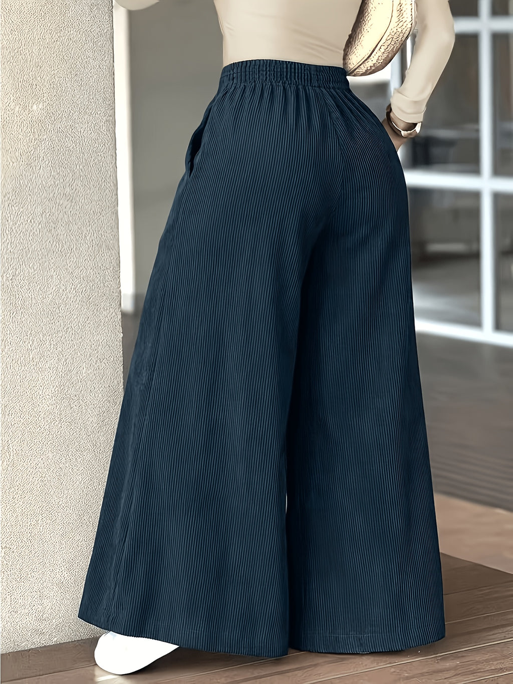 Plus Size, Women's Plus-Size Corduroy Wide-Leg Trousers with Elastic Waist & Pocket Design - Corduroy Pants Suitable for Fall/Winter, Elegant Solid Color Professional/Casual Wear, Wide-Legged Bottoms for Blouses - Dark Green