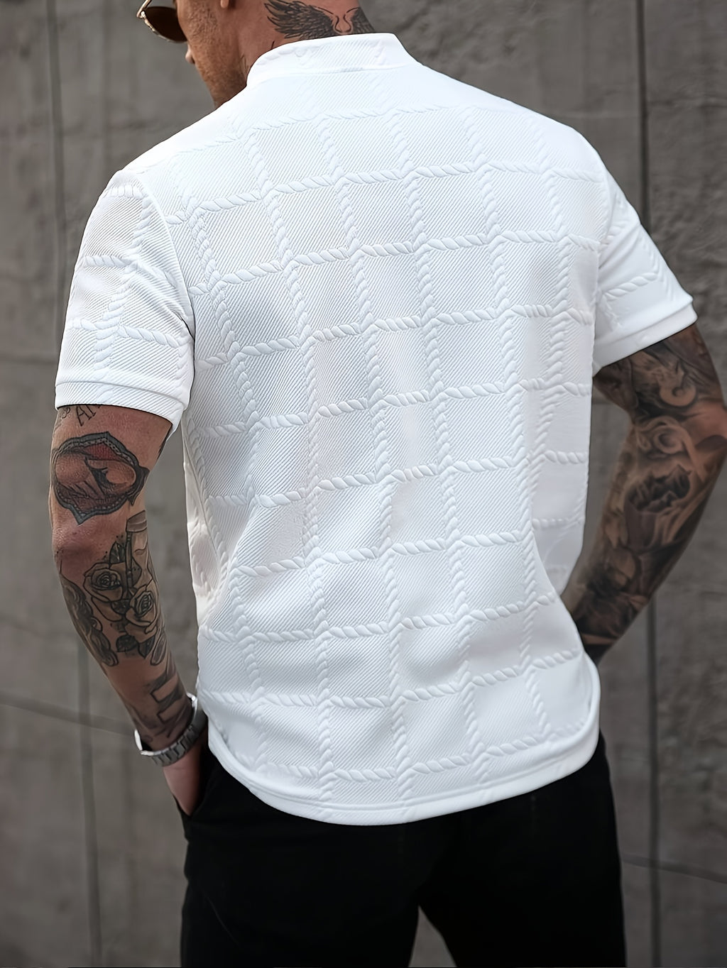 New Cross-Border Men'S Fashion Summer Casual Sports Short-Sleeved Small Stand-Up Collar Henley Shirt - White