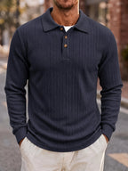 Men'S Casual Jacquard Polo Shirt, Autumn Easy Style Elastic Long Sleeve Textured Fabric Slim Fit Base Layer Top - Navy Color