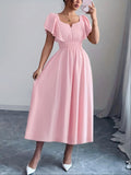 Solid Color Dress Puff Sleeve Ruched Waist Notch Neck Short Sleeve Suitable for Banquets, Parties, Vacations, Weddings, Women'S Bridesmaid Dress - Pink