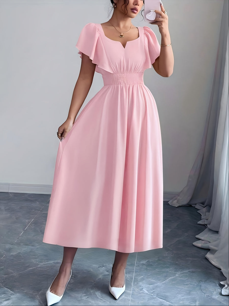 Solid Color Dress Puff Sleeve Ruched Waist Notch Neck Short Sleeve Suitable for Banquets, Parties, Vacations, Weddings, Women'S Bridesmaid Dress - Pink