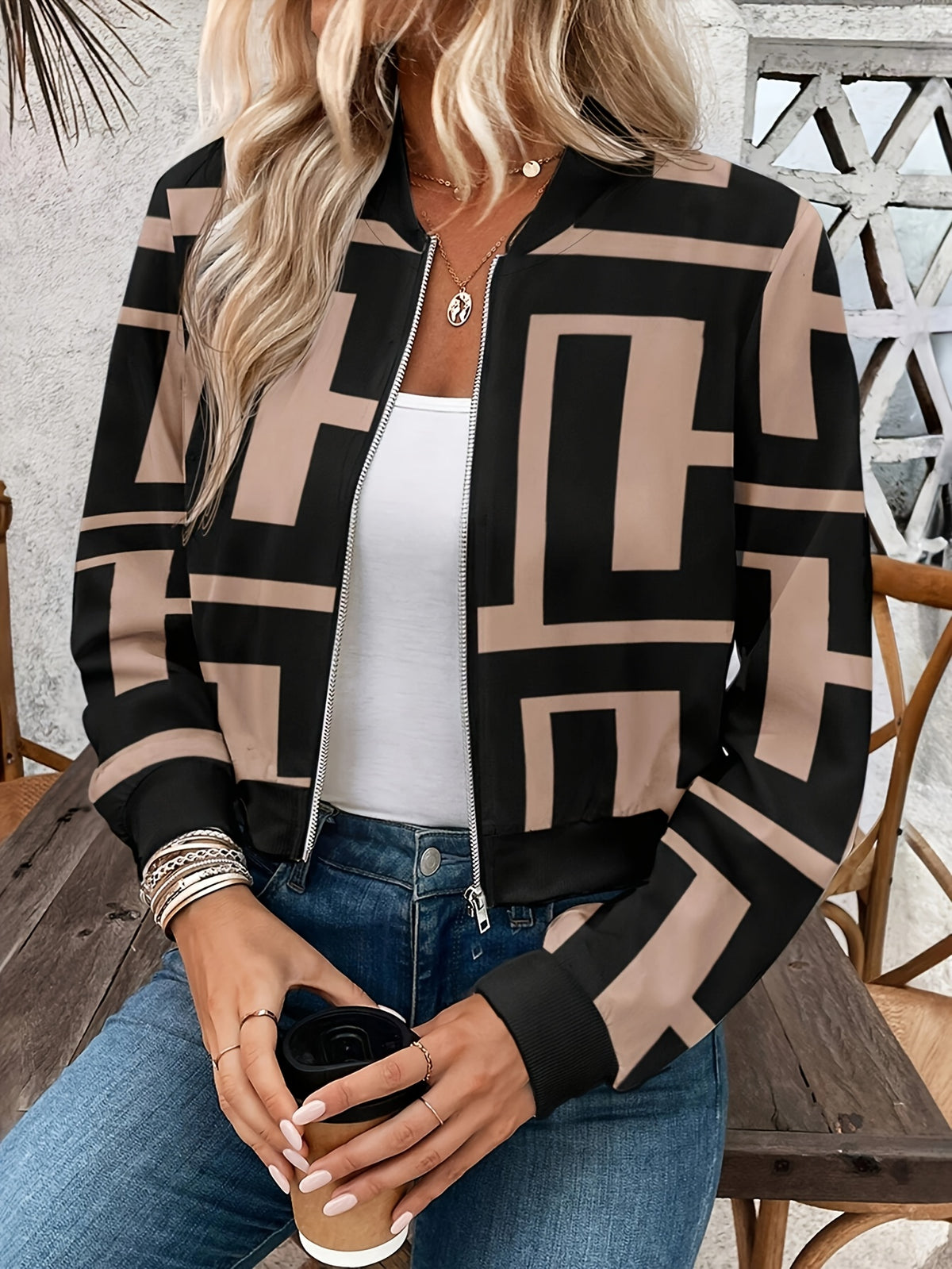 Women's Lightweight Geometric Print Zip-Up Bomber Jacket - Casual Long Sleeve, Machine Washable - Mixed colors