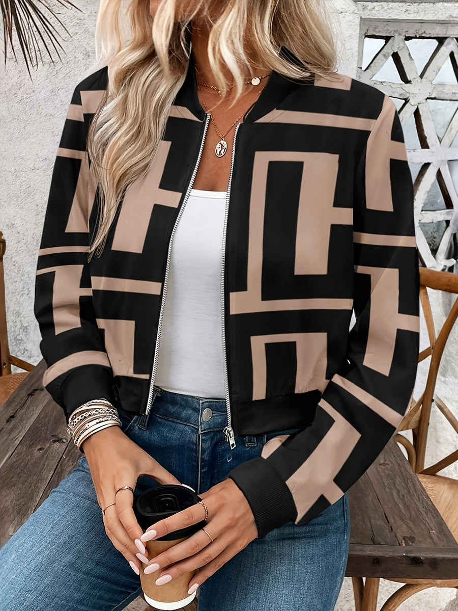 Women's Lightweight Geometric Print Zip-Up Bomber Jacket - Casual Long Sleeve, Machine Washable - Mixed colors