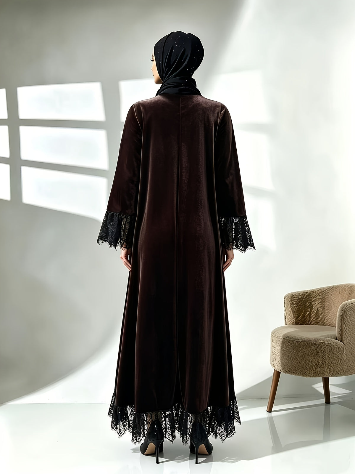 Middle Eastern Muslim Velvet Robe - Black Lace Patchwork Cuffs And Hem - Loose Full Skirt - Abaya Dress (Headscarf Not Included) - Dark Brown