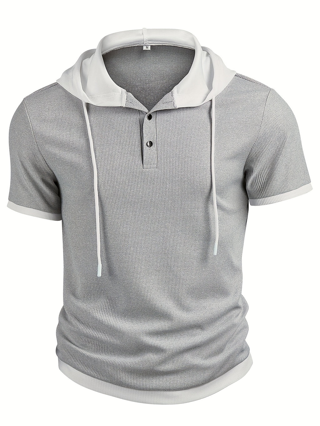 Men's Casual Short Sleeve Hooded Henley Shirt - Textured Waffle Knit & Contrast Color Block Design with Metal Buttons, Breathable Summer Outdoor Sportswear, Machine Washable Regular Fit, Henley Placket Design - Silvery Grey