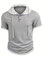 Men's Casual Short Sleeve Hooded Henley Shirt - Textured Waffle Knit & Contrast Color Block Design with Metal Buttons, Breathable Summer Outdoor Sportswear, Machine Washable Regular Fit, Henley Placket Design - Silvery Grey