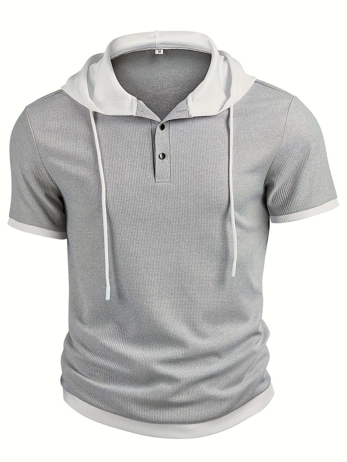 Men's Casual Short Sleeve Hooded Henley Shirt - Textured Waffle Knit & Contrast Color Block Design with Metal Buttons, Breathable Summer Outdoor Sportswear, Machine Washable Regular Fit, Henley Placket Design - Silvery Grey