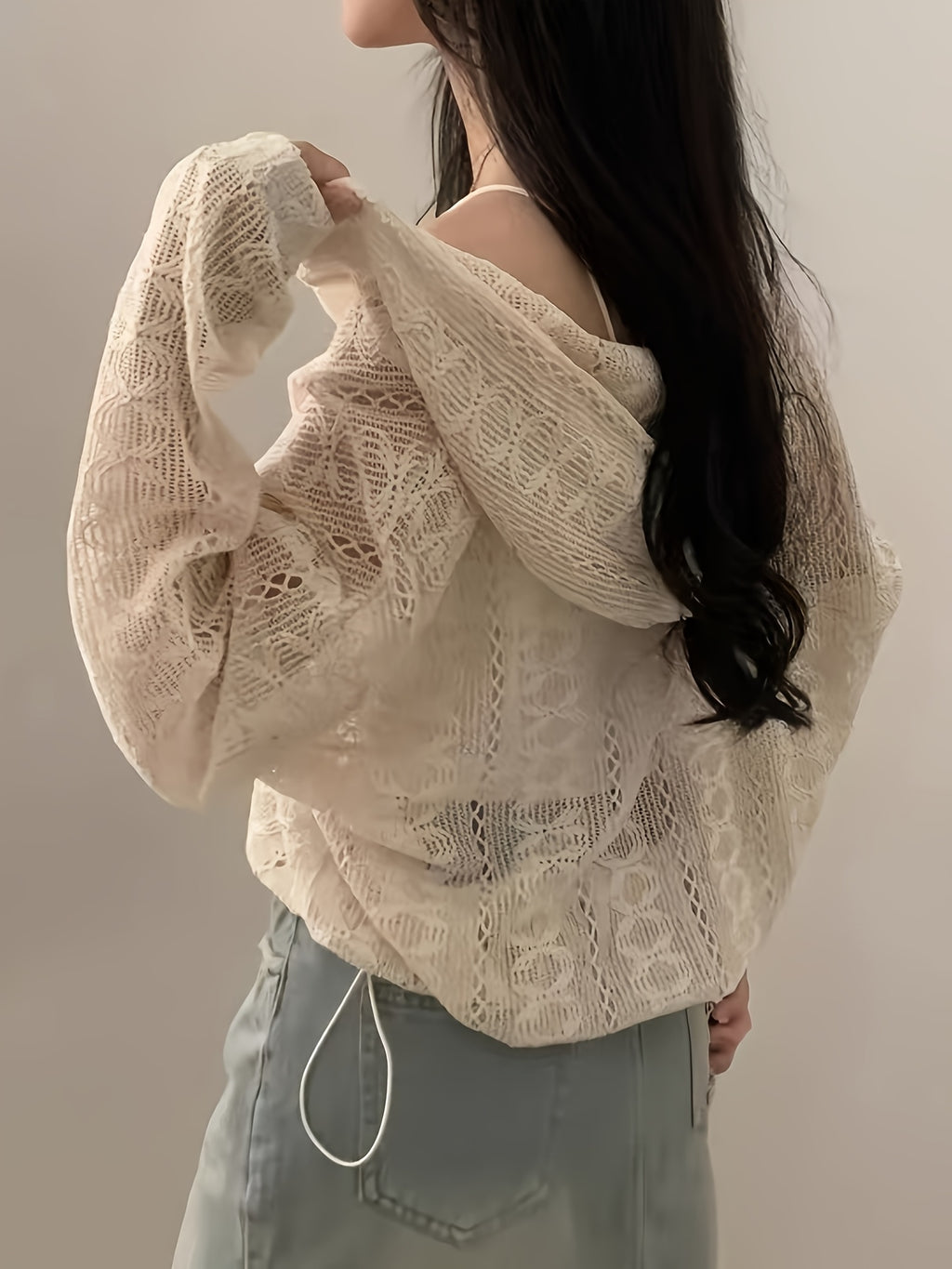 Summer New Age-Reducing Hollow Jacquard Drawstring Hem Long Sleeve Hooded Lace Coat - Apricot