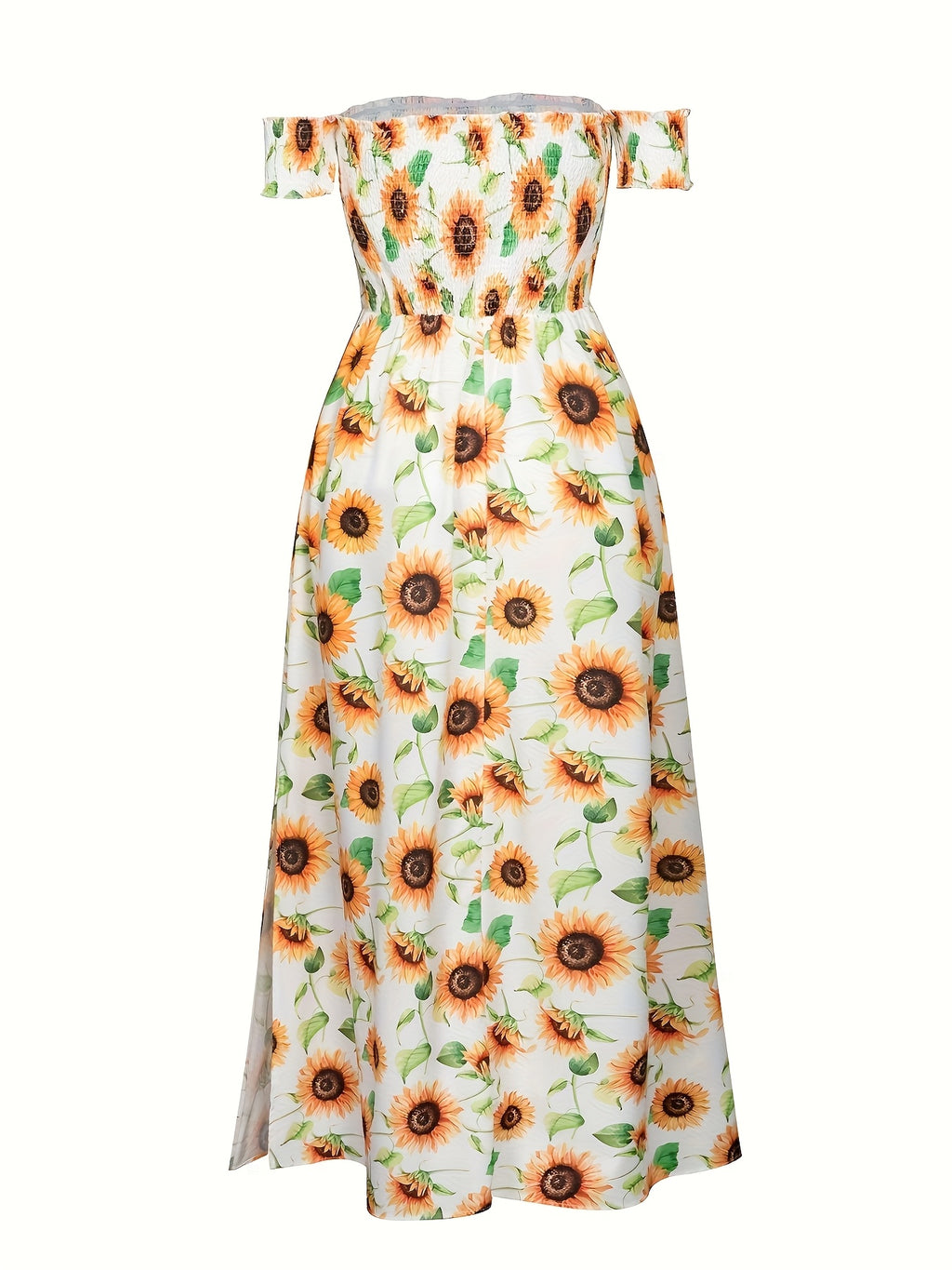 European And American New Women'S Clothing Romantic Sunflower Print Dress One-Shoulder Off-Shoulder Long Waist Fashion Side Slit Dress Temperament Vacation Travel Style Women'S Long Dress - White