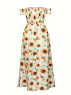 European And American New Women'S Clothing Romantic Sunflower Print Dress One-Shoulder Off-Shoulder Long Waist Fashion Side Slit Dress Temperament Vacation Travel Style Women'S Long Dress - White
