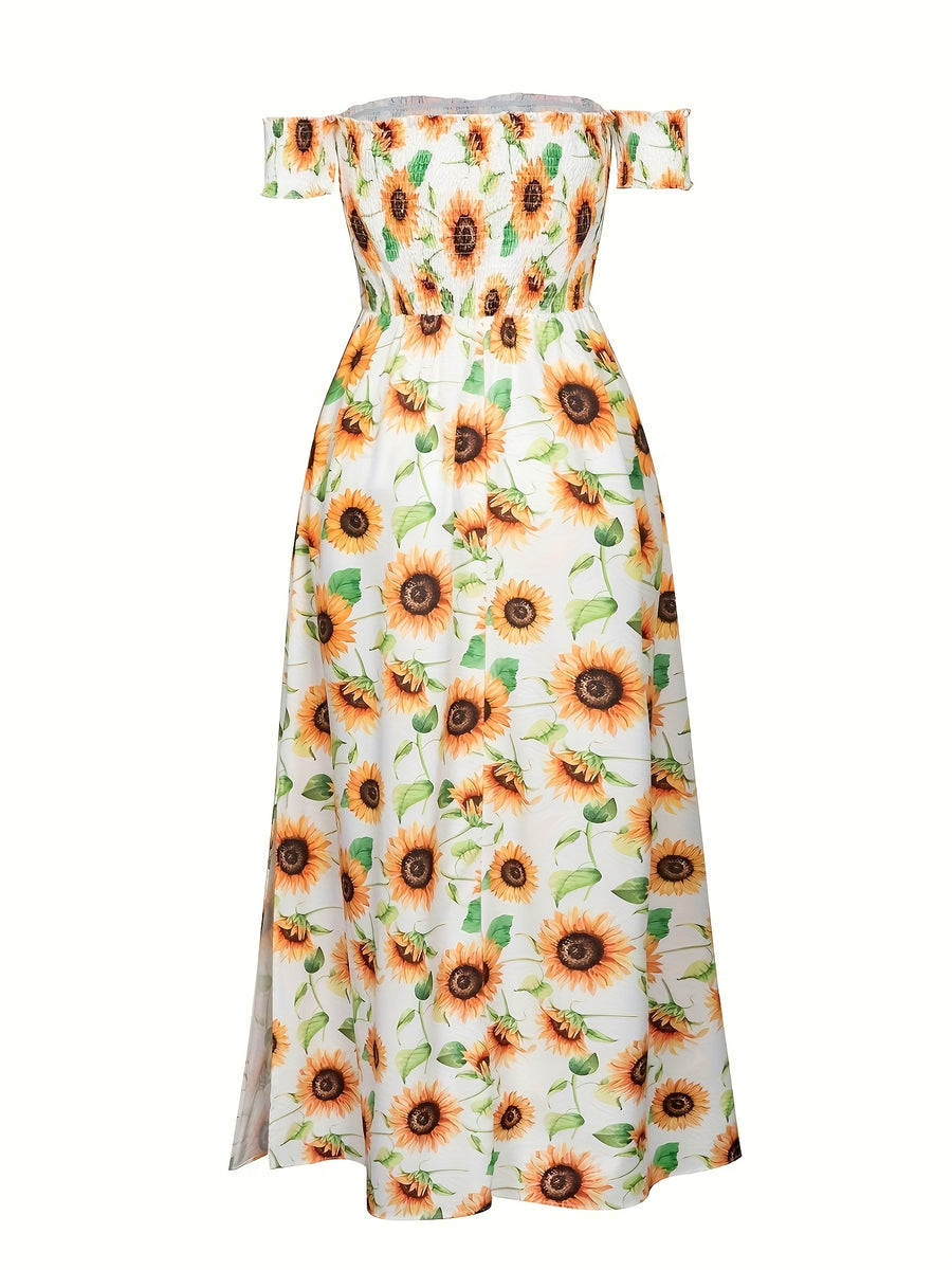 European And American New Women'S Clothing Romantic Sunflower Print Dress One-Shoulder Off-Shoulder Long Waist Fashion Side Slit Dress Temperament Vacation Travel Style Women'S Long Dress - White