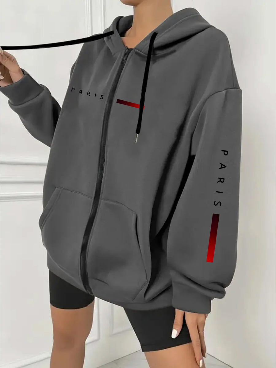 Plus Size - Plus Size - Plus Size Women'S Casual Autumn And Winter Letter Print Sweatshirt, Long Sleeve Pocket Hooded Zip Jacket, Women'S, Hoodie - Dark Gray