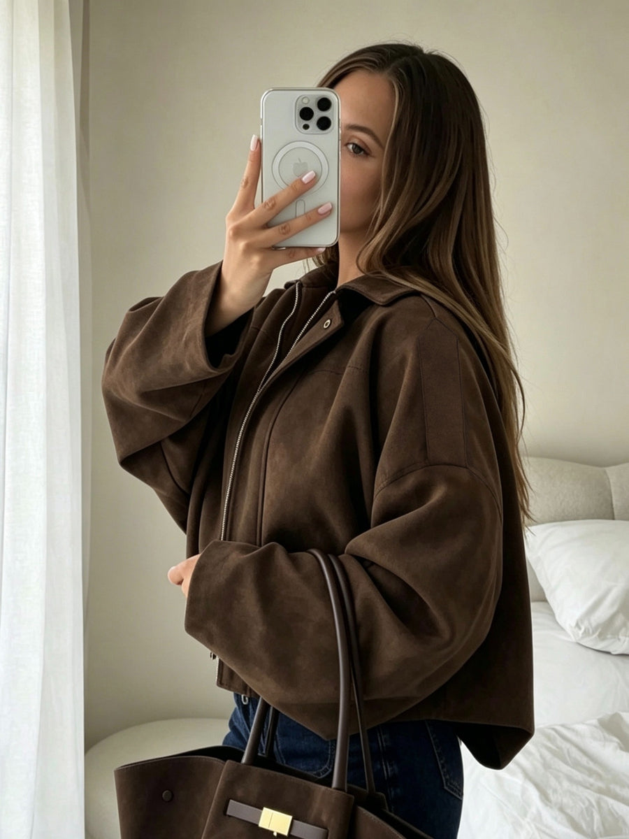 Women'S New Solid Color Drop Shoulder Loose Jacket, Fashion Retro Design Statement Coat with Lapel And Zipper - Coffee Color