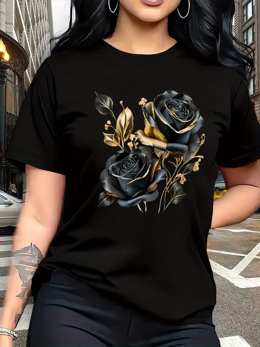 A Stylish And Breathable T-Shirt Featuring a Luxurious Vintage Design with a Black And Golden Rose Pattern, Perfect for Family Trips, Campus Events, Casual, Daily Commutes, Matching Outfits for Sisters, And Versatile Wear - Black