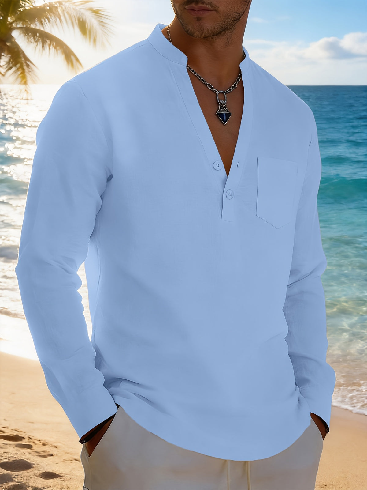 Men's Solid Color Henley Long Sleeve Shirt, Lightweight Breathable Casual Button Up Tops for Summer - Sky Blue