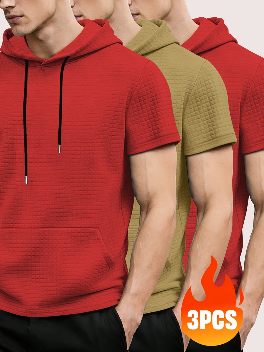 3pcs Men's Waffle Knit Short Sleeve Hoodie with Kangaroo Pocket, Soft and Breathable Fabric, Multiple Color Options, Versatile for Daily Wear, Simple and Stylish Casual Sportswear, Suitable as Matching Family Outfits, Great Choice for Gifts - Red+Khaki+Red
