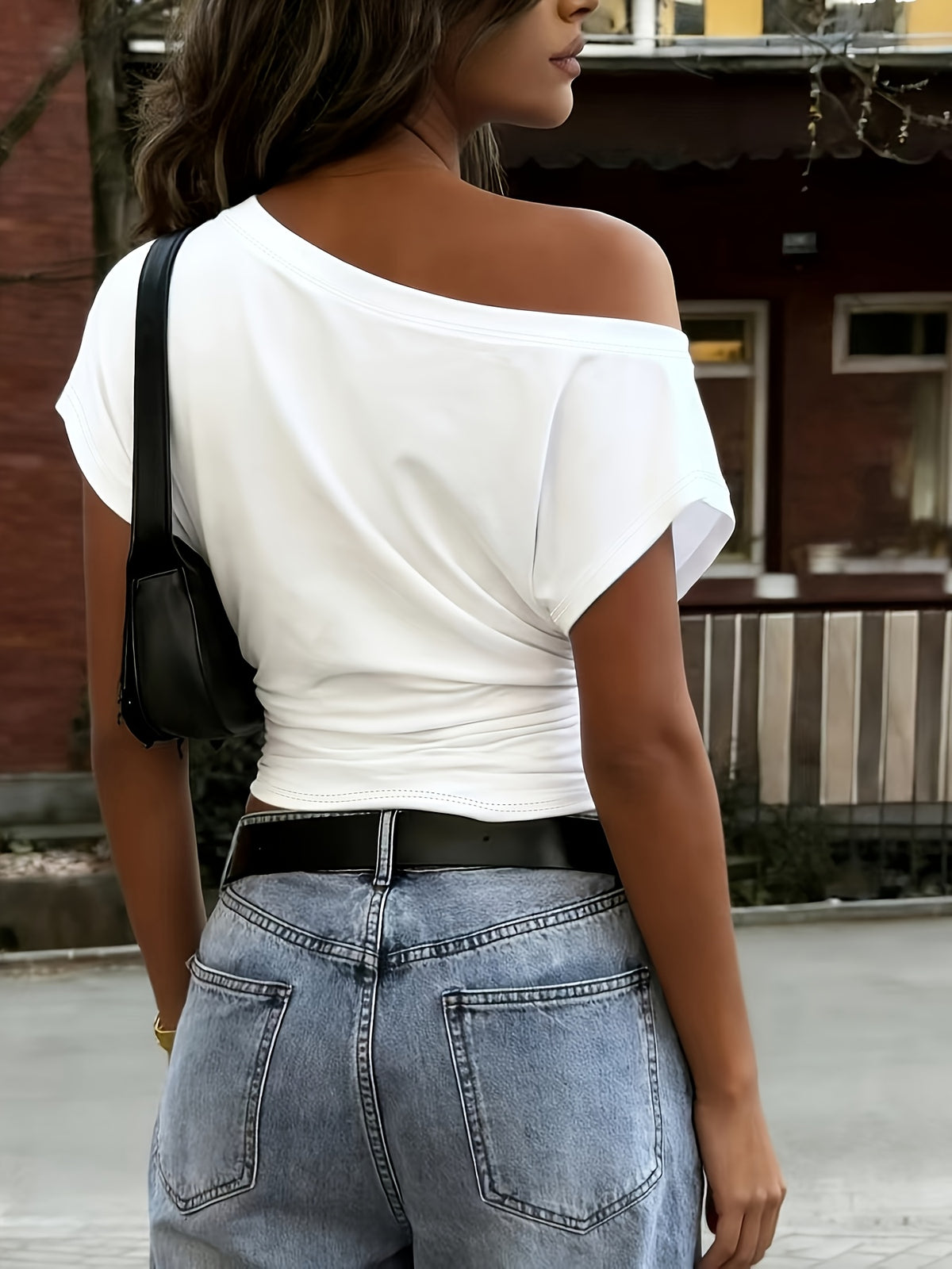 French Pure Desire Style Slanted Shoulder Exposed Waist T-Shirt Slim Fit Irregular Design Niche Top - Multicolor