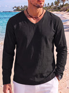 Men's 2pcs V-Neck Long Sleeve Linen T-Shirt, Breathable Loose Solid Color Top for Beach Outings and Daily Casual Wear - Black+Light White