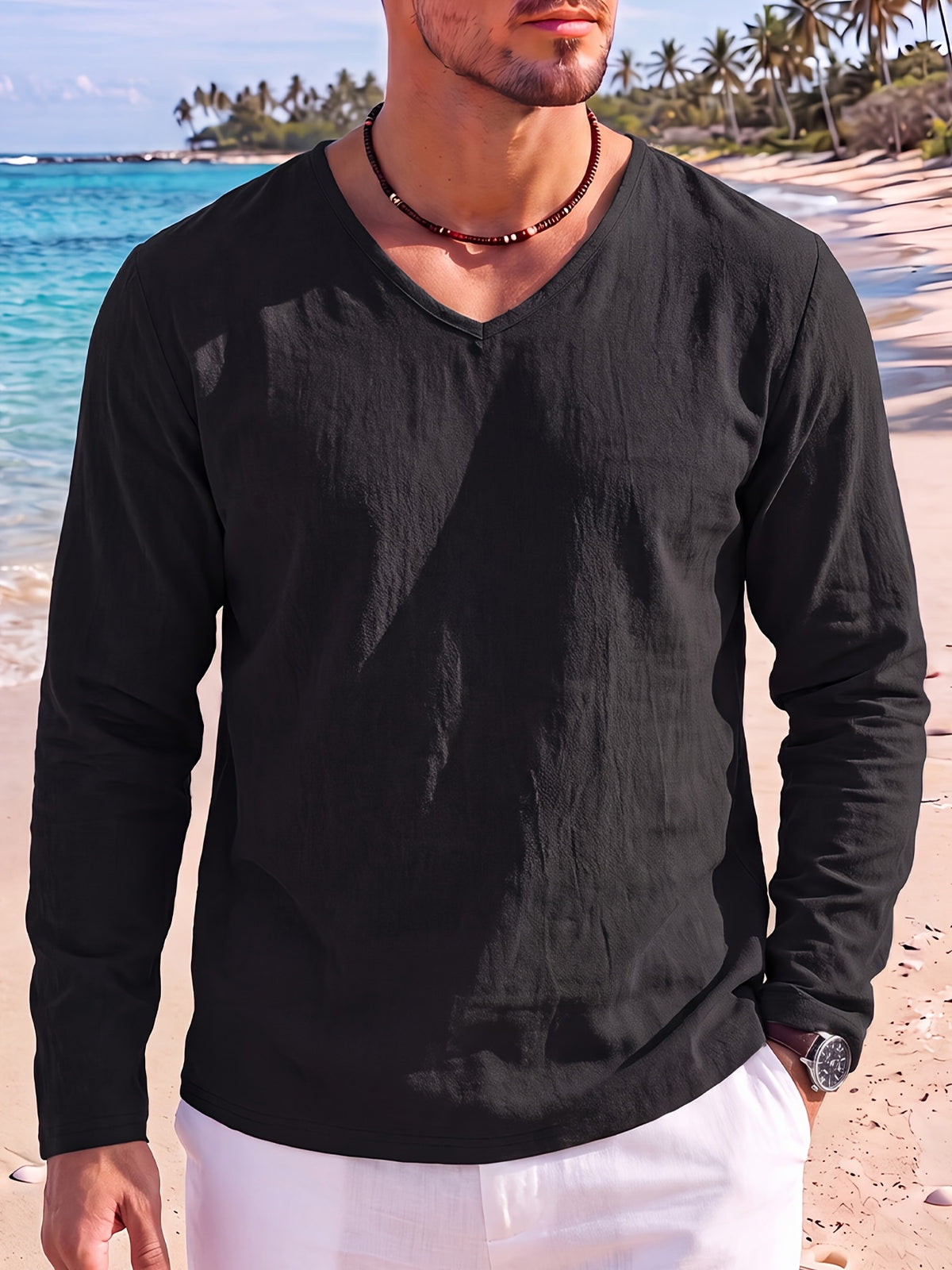 Men's 2pcs V-Neck Long Sleeve Linen T-Shirt, Breathable Loose Solid Color Top for Beach Outings and Daily Casual Wear - Black+Light White
