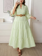 Plus Size Women'S Stand Collar V-Neck Layered Cake Dress, Yellow White Pinstripe Gentle Style Dress, Suitable for Vacation Outings, Fresh Casual Style, Fine Vertical Stripes Pattern, Women'S Clothing, Women'S Dress, Pastoral Vacation Style - Light Green