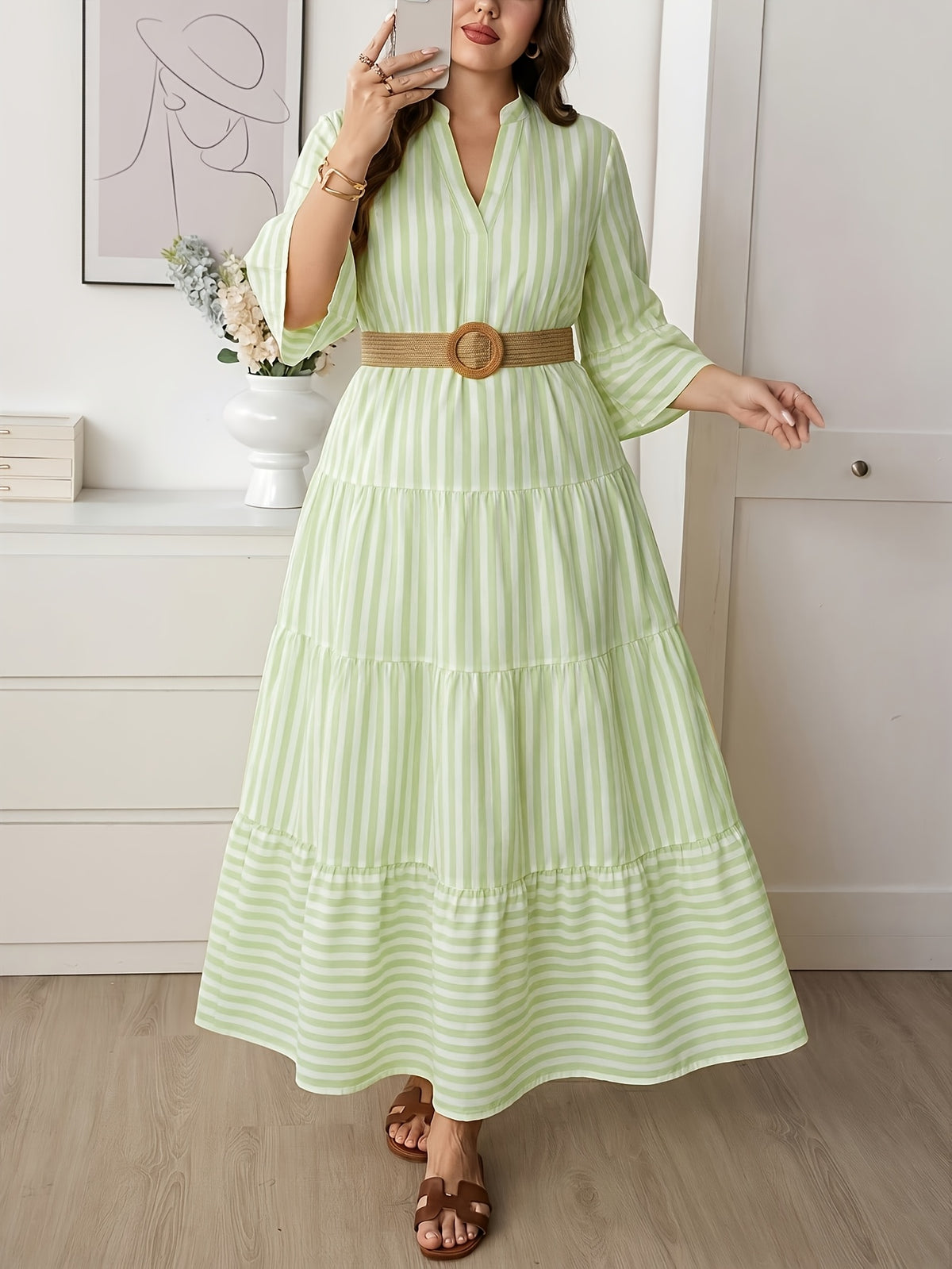 Plus Size Women'S Stand Collar V-Neck Layered Cake Dress, Yellow White Pinstripe Gentle Style Dress, Suitable for Vacation Outings, Fresh Casual Style, Fine Vertical Stripes Pattern, Women'S Clothing, Women'S Dress, Pastoral Vacation Style - Light Green