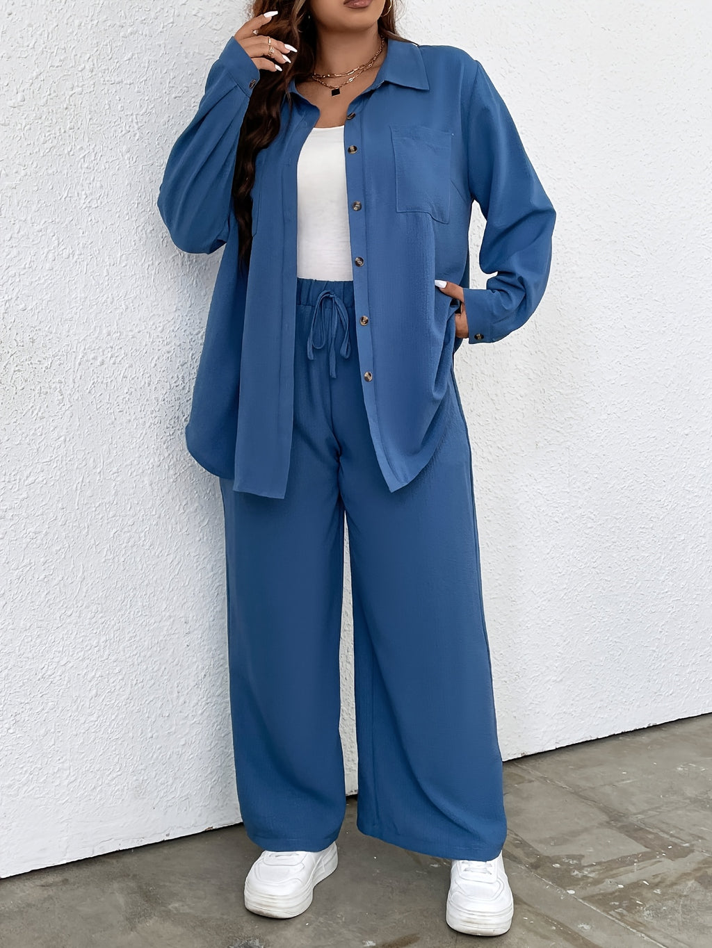 Plus Size - Ladies Fashion Plus Size Two-Piece Set - Blue