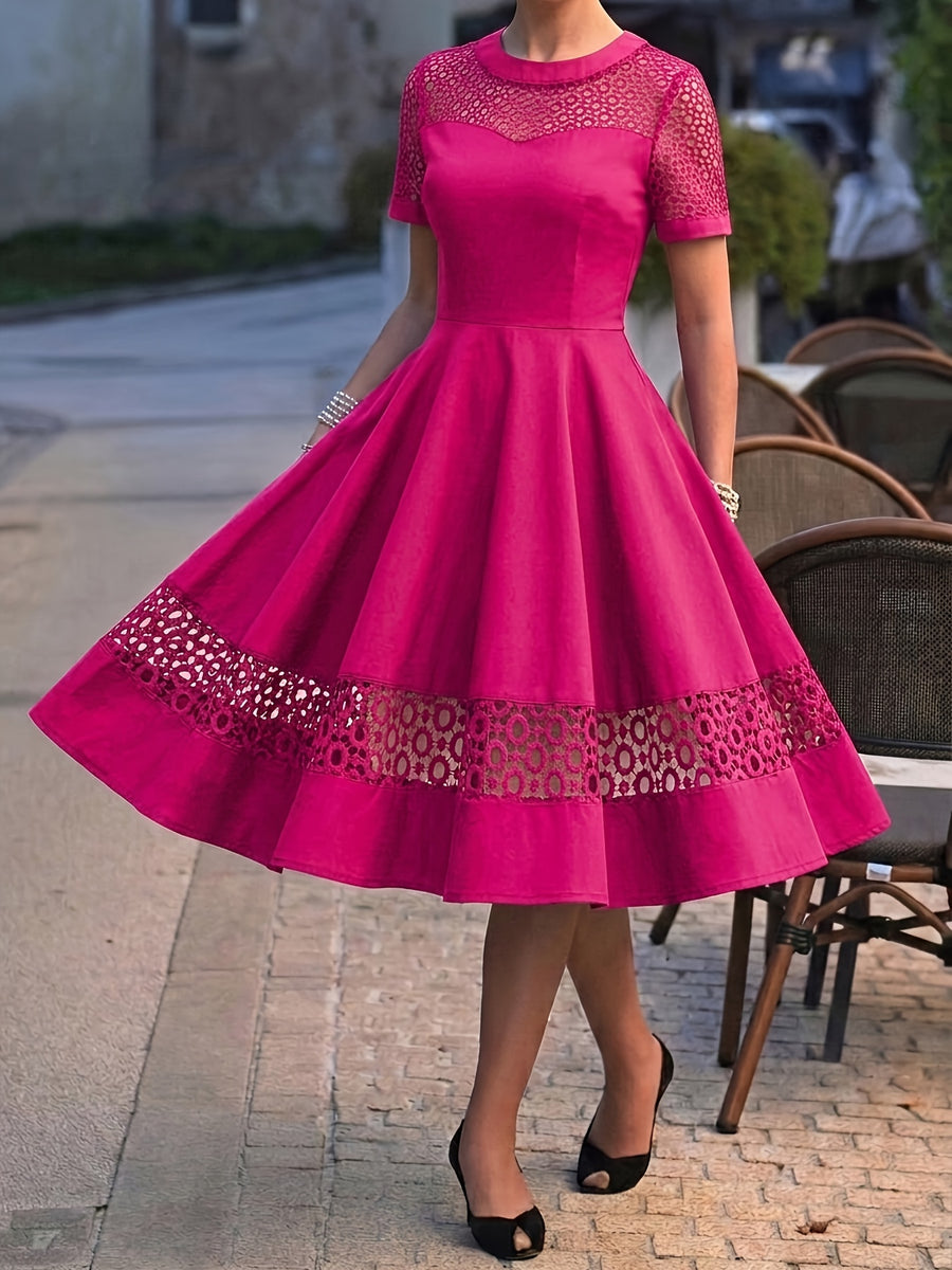 Vintage 50s Women's Dress with Round Neck, Lace Trim, and Short Sleeves - Rose Red