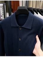 [Starry Prosperity] Autumn Winter Men'S Knit Solid Color Ribbed Open Cardigan Long Sleeve Casual Vertical Striped Lapel Sweater Jacket - Purplish Blue
