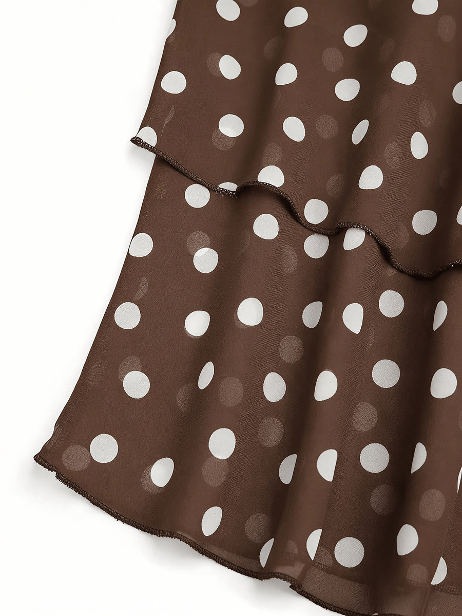 2026 New Black And White Polka Dot Spaghetti Strap Cami, Double-Layer Flowing Skirt Hem, Vacation Style Top, Lazy Style Polka Dot Chiffon Cami, Double-Layer A-Line Fit, Versatile Casual Date Sleeveless Top - Khaki