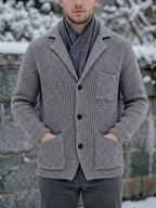 Men'S Casual Athletic Sweater, Knit Top, Men'S Chunky Gauge Suit Lapel Cardigan, Comfortable Fit, Lightly Mature Business Casual Style, Relaxed And Casual, with Button-Up Opening And Multi-Pocket Design - Grey