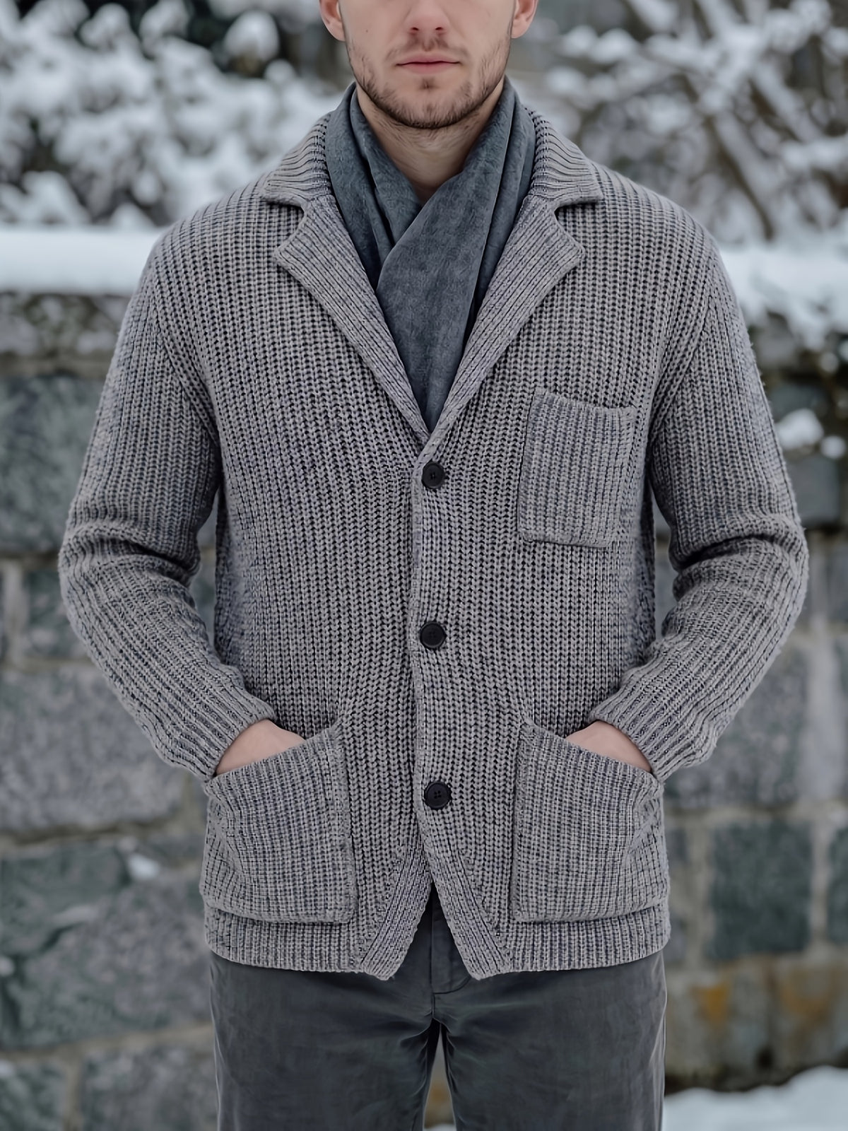 Men'S Casual Athletic Sweater, Knit Top, Men'S Chunky Gauge Suit Lapel Cardigan, Comfortable Fit, Lightly Mature Business Casual Style, Relaxed And Casual, with Button-Up Opening And Multi-Pocket Design - Grey