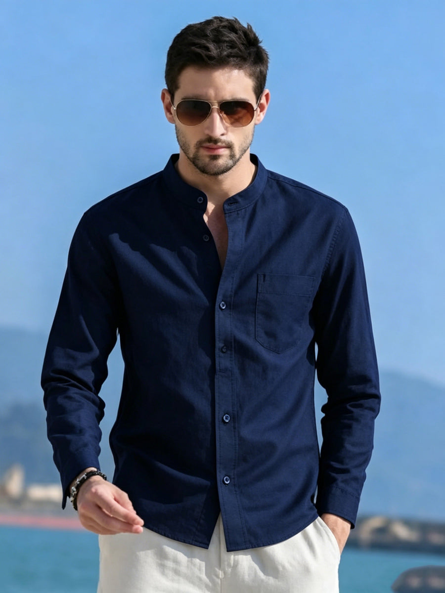 Men'S Mandarin Collar Long Sleeve Dress Shirts, Full Single Button Shirts with Chest Pocket, Solid Color Business & Daily Casual Tops - Navy Color