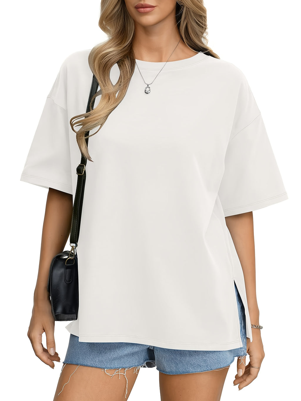Oversized Women's Comfortable Basic Shirt with Round Neck, Casual Side Slit Top, Fashionable Loose Fit Short Sleeve T-Shirt - White