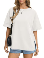 Oversized Women's Comfortable Basic Shirt with Round Neck, Casual Side Slit Top, Fashionable Loose Fit Short Sleeve T-Shirt - White