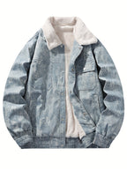 Fashion Street Trendy Autumn Winter Men'S Lapel Jacket Retro Faux Denim Fleece Thick Cold-Proof Cargo Jacket Top - Blue