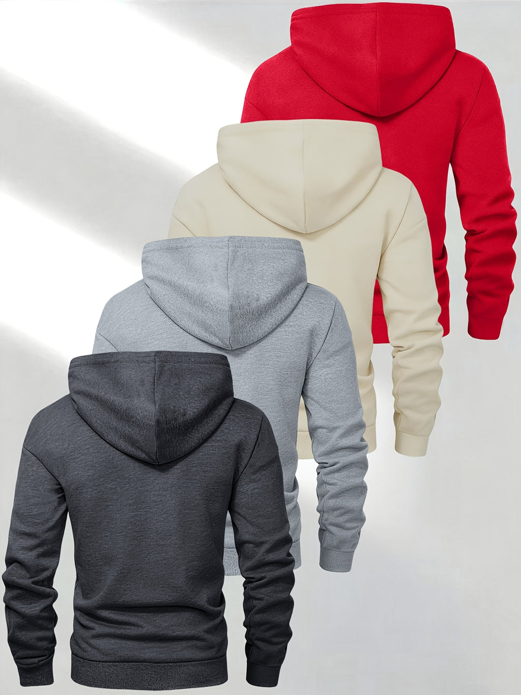 4-Pc Men'S Solid Color Casual Hooded Sweatshirt, Drawstring Hoodie, Spring/Autumn Fashion Sporty Long Sleeve Pullover, Outdoor Activities And Daily Casual Wear - 4pcs-Dark Gray+Light Gray+Khaki+Red