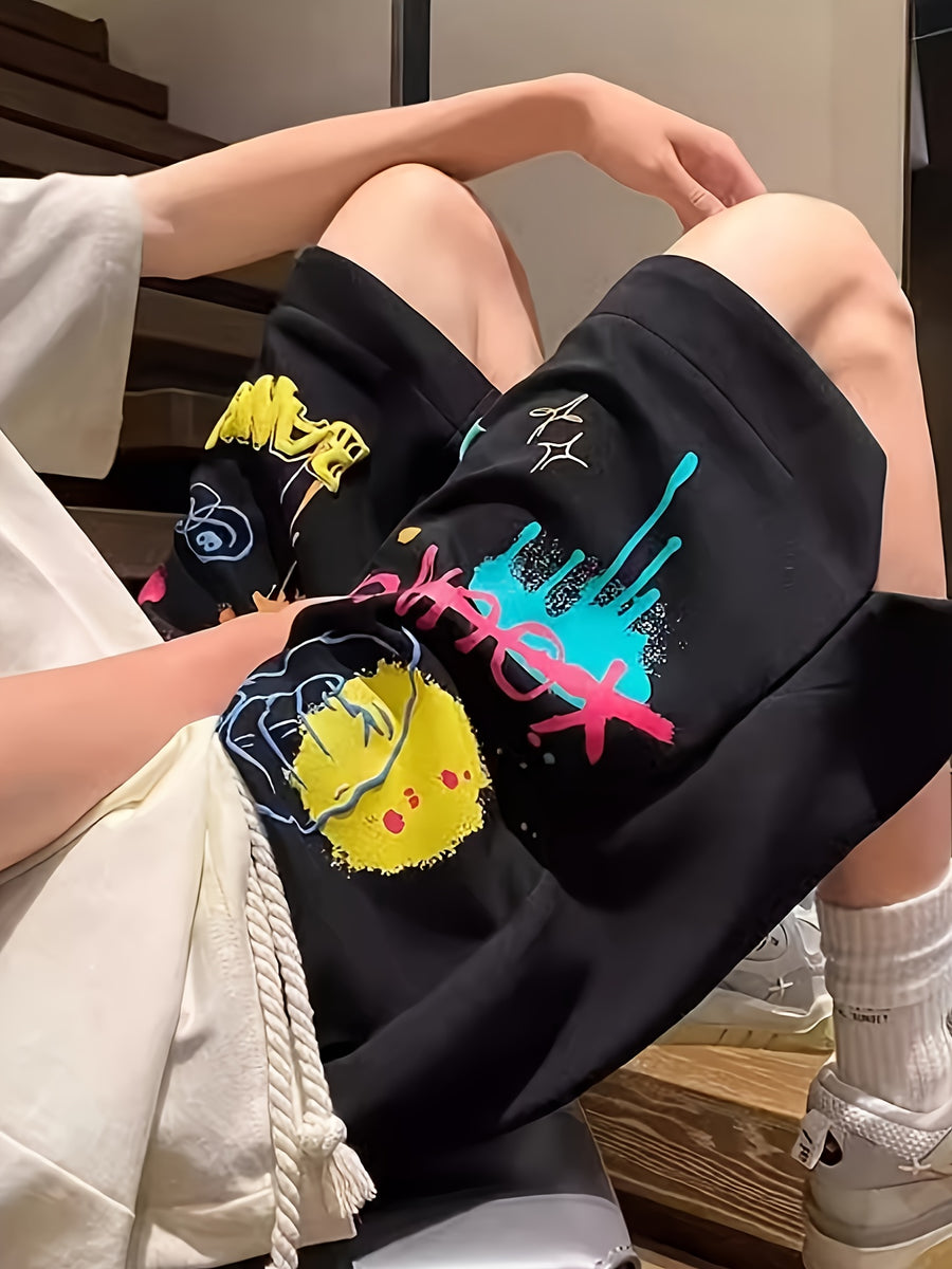 Printed Foam Process Graffiti Sports Shorts Women's Summer New Dopamine Loose Slimming Casual Straight Five-Pocket Trendy Youth American Style Breathable Versatile Joggers Unisex - Ink Black